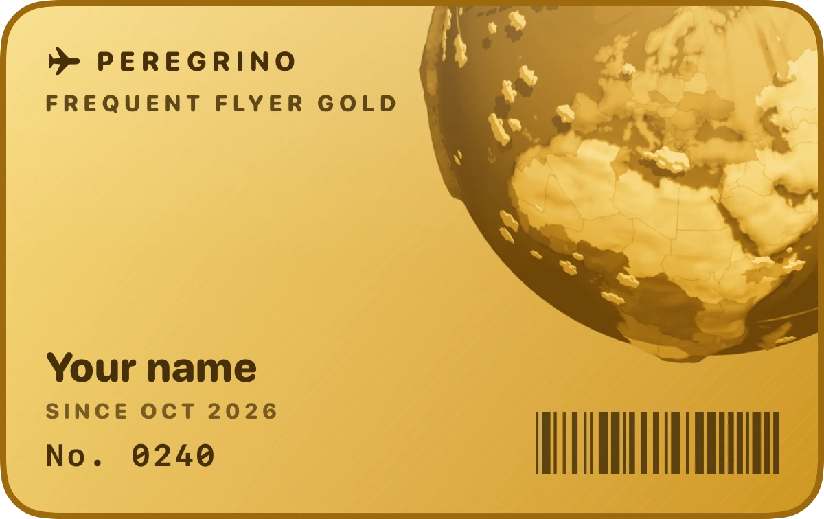 The Peregrino Frequent Flyer Gold card, printed with the member's name and number.