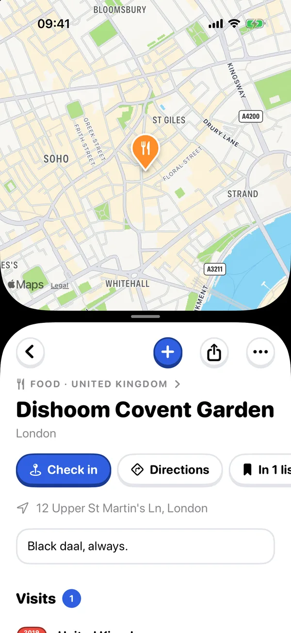 지도 위 런던의 Dishoom Covent Garden: 체크인, 경로, 이 장소가 들어 있는 목록, 주소, 그리고 메모 “Black daal, always.”